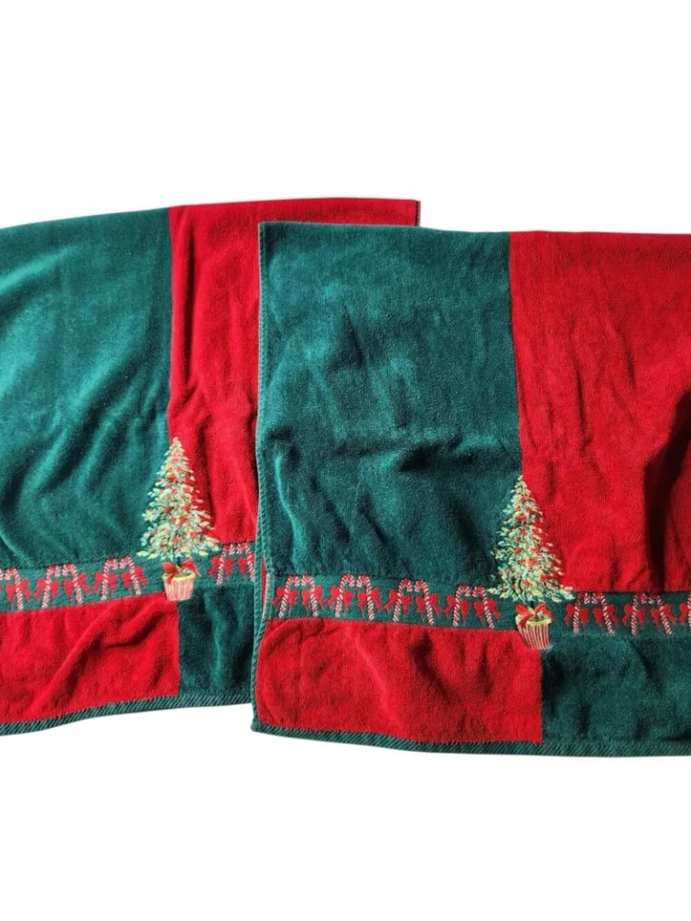 Vintage Christmas Trees Candy Canes Embroidered Bath Towels Set Of Two